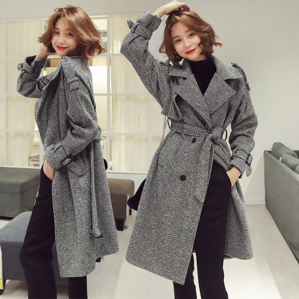 

women's trench coats korean houndstooth long wool coat elegant women double-breasted lapel collar sashes pocket plaid loose thick, Tan;black