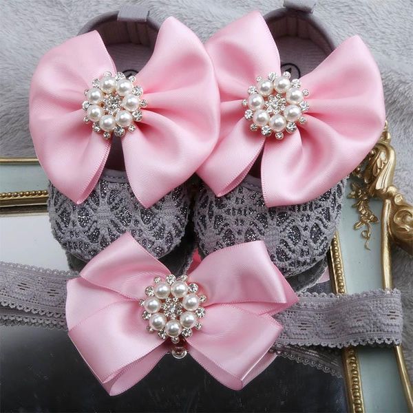 

first walkers dollbling baby toddler shoes grey pink bow beaded decoration cotton soft bottom comfortable girl shoe headwear