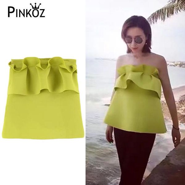 

women's tanks & camis pinkoz club crop women summer beach style ruffles ruched green strapless streetwear holidy seaside shirt top, White