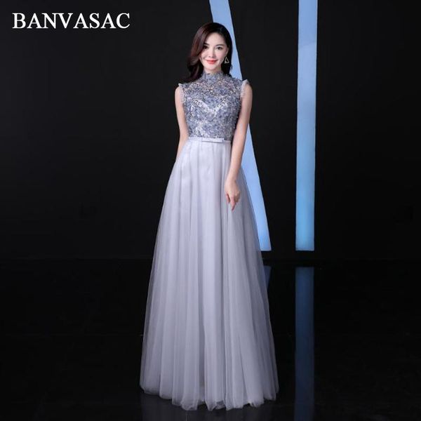 

party dresses banvasac 2021 lace appliques high neck a line long evening bow sash illusion zipper back prom gowns, White;black