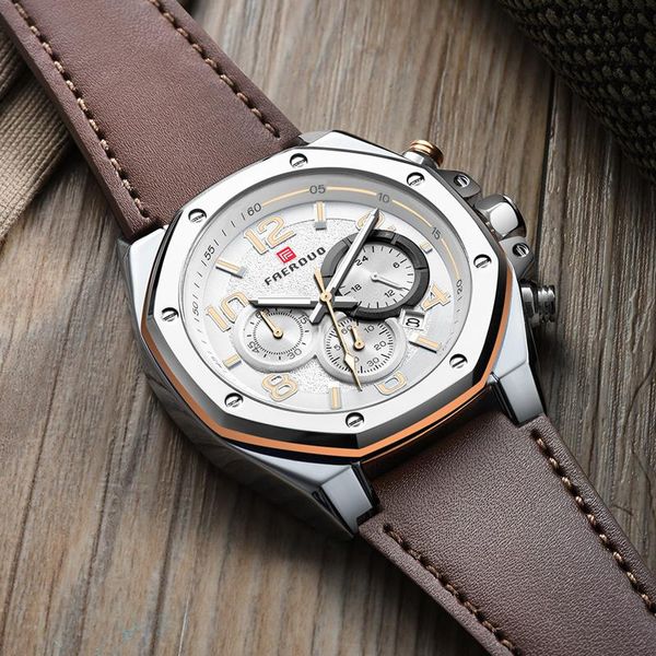 

wristwatches silver watch men steel octagonal unique dial chronograph multi-function sport gifts for reloj hombre, Slivery;brown