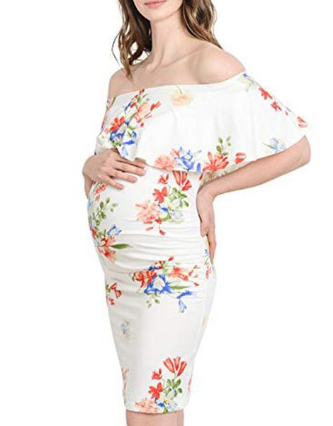 

maternity dresses chamsgend mother pregnancy floral women's ruffle off shoulder dress mar28, White