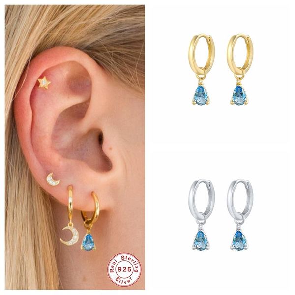 

sterling silver waterdrop wedding earrings for women girl romantic blue crystal huggie pendientes orecchini summer earring dangle & chandeli