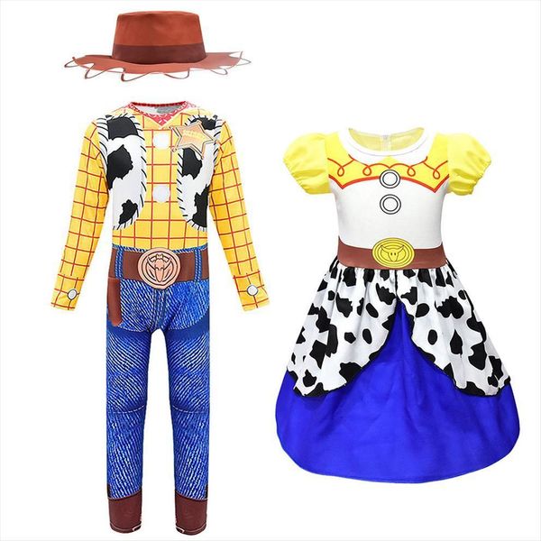 

children cartoon clothing girl boys cosplay jumpsuit and shorts set cowboy sheriff woody costume jessie dress 3d print suit, White