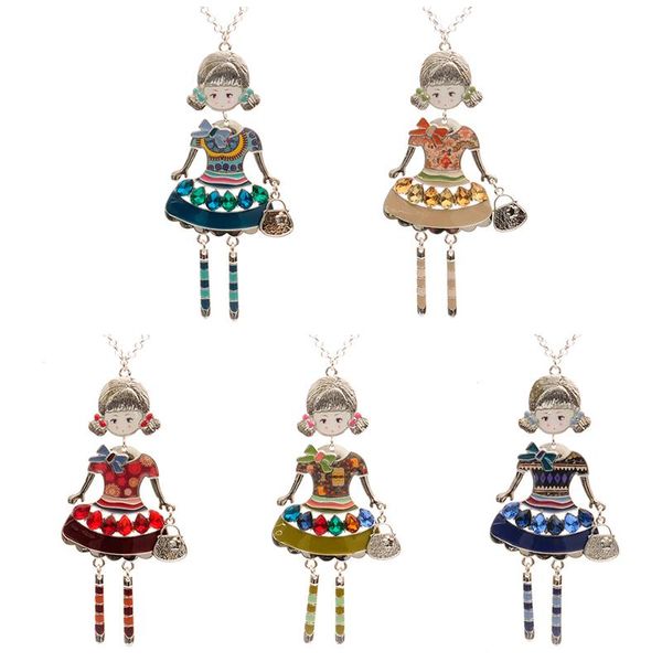 

1pc silver plated drop glaze enamel crystal bohemia beautiful dress cute little girl doll pendant long chain necklace for women necklaces