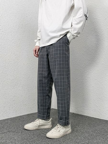 

men plaid straight leg pants j3pn#, Black