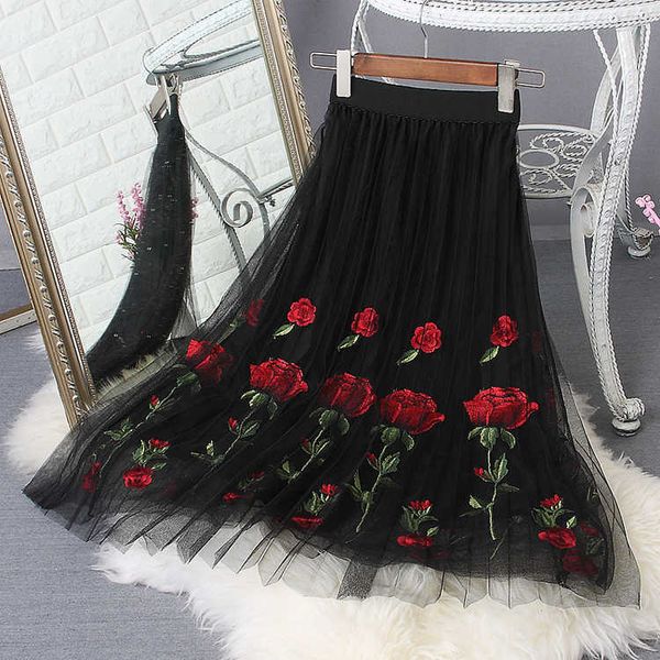 

skirts summer long womens vintage fine rose floral embroidered black white mesh overlay tulle skirt 4kzt
