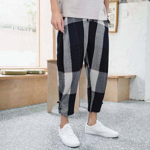 

men's pants 2021 cotton linen trousers loose plate buckle striped casual, Black