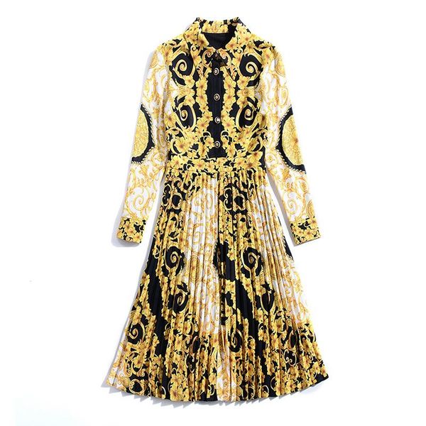 

casual dresses yellow turn down collar baroque print long sleeve empire button zipper pleated a-line gold midi dress autumn, Black;gray