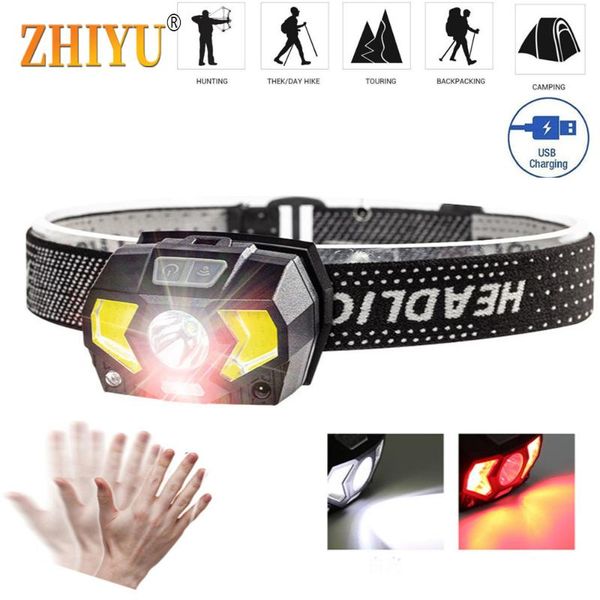 

smart sensor headlight usb charging strong light waterproof cob white red multifunctional fishing headlamp headlamps