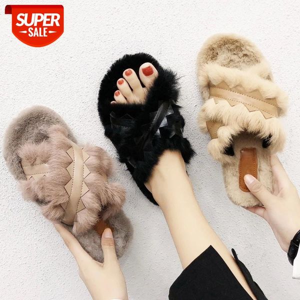 

fashion faux fur womens slippers cold day warm home furry slippers slip-on flat ladies mules plush casual shoes women #q27k, Black