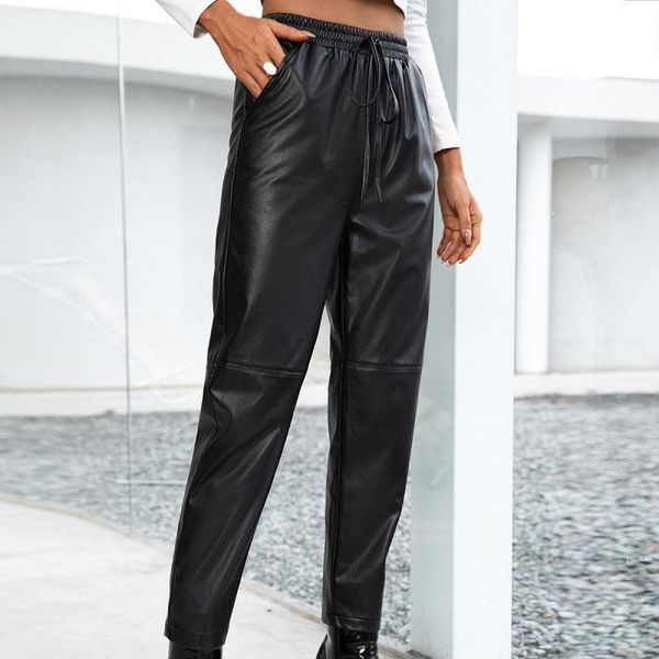 

women's pants & capris harajuku gothic black faux pu leather 2021 women elastic waist pockets drawstring long lady trousers autumn pr73, Black;white