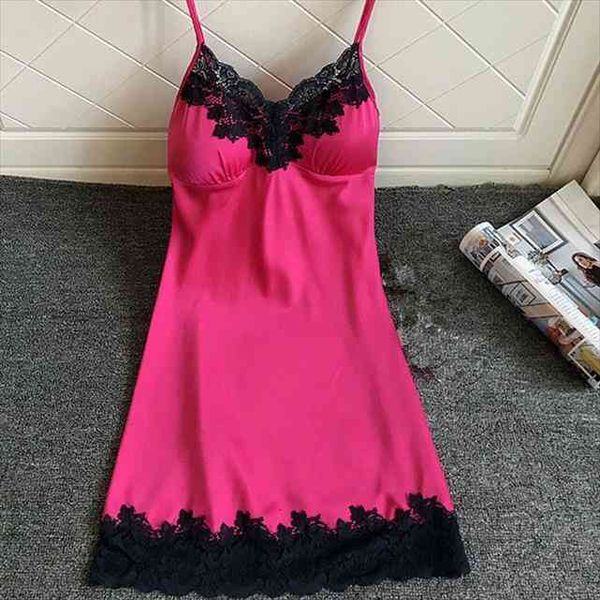 

summer lace patchwork nightgowns women sleepwear sleeping dress padded nightdress summer pijamas, Black;red