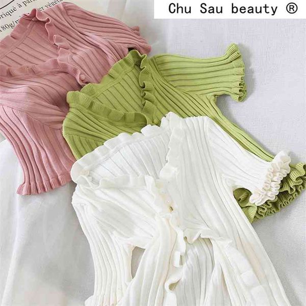 

chu sau beauty sweet chic cute knitted shirts women v-neck single breasted good elasticity crop cardigan sweaters 210918, White;black