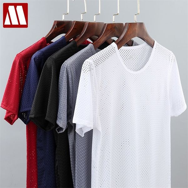 

men's solid mesh see through fishnet t shirt stretchable tshirt transparent short sleeve 4xl o neck 5 colors mydbsh 210319, White;black