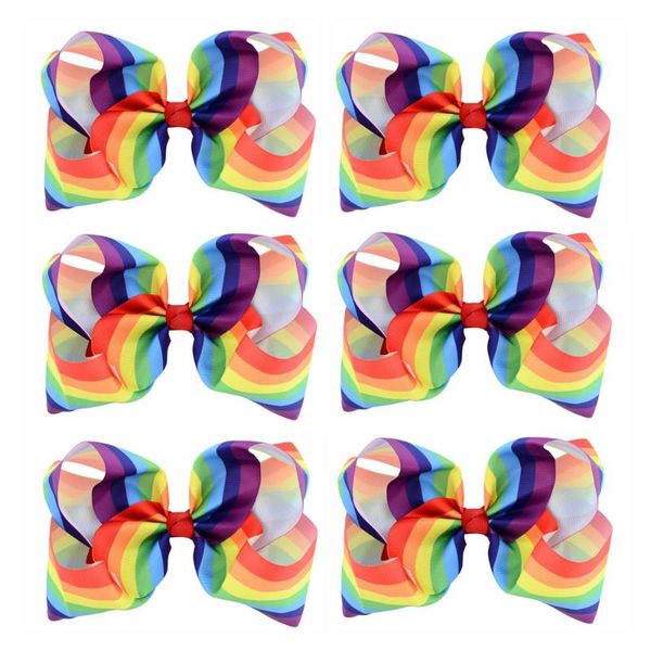 

6pcs/lot 8 inch fashion big rainbow striped grosgrains hair bow clips kids girl hairpin alligator accessory 684 accessories, Slivery;white