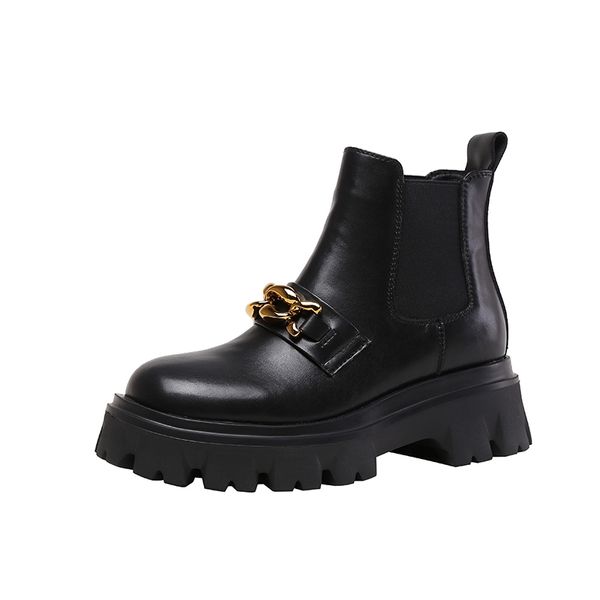 Womens Slip-on Botas de tornozelo Rodada dedo do pé preto macio pu couro de couro britânico cadeia de metal cadeia de calcanhar chelsea botas confortáveis ​​punk