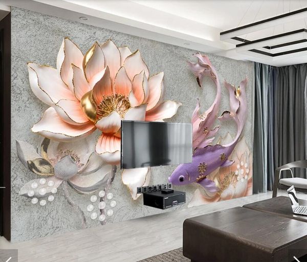 

wallpapers 3d embossed waterlily flower fish wallpaper wall murals decals for bedroom living room custom printed po floral papers