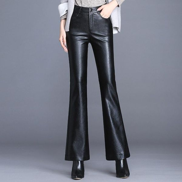 

women's pants & capris winter fall fashion office lady women 2021 high waisted flare pu leather , autumn spring woman 4xl stretch trous, Black;white