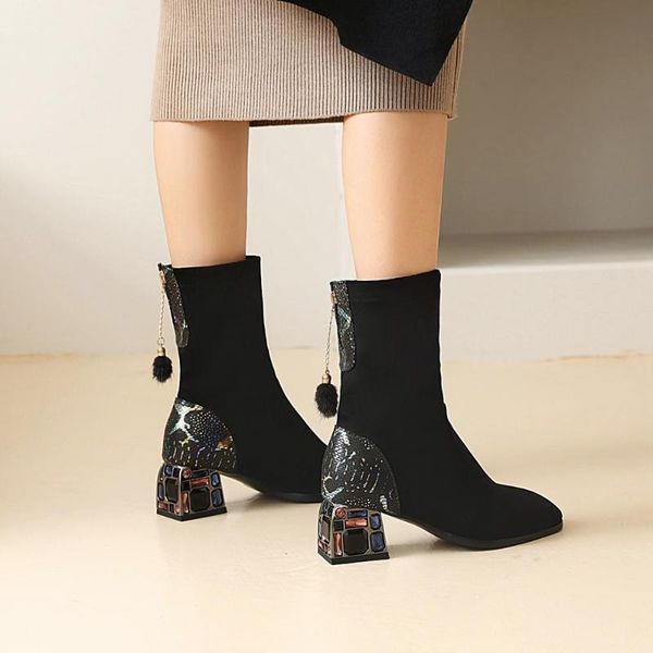 

boots fashion stretch flock women sock ankle boot female square toe thick heels shoes ladies rhinestone winter botas mujer, Black