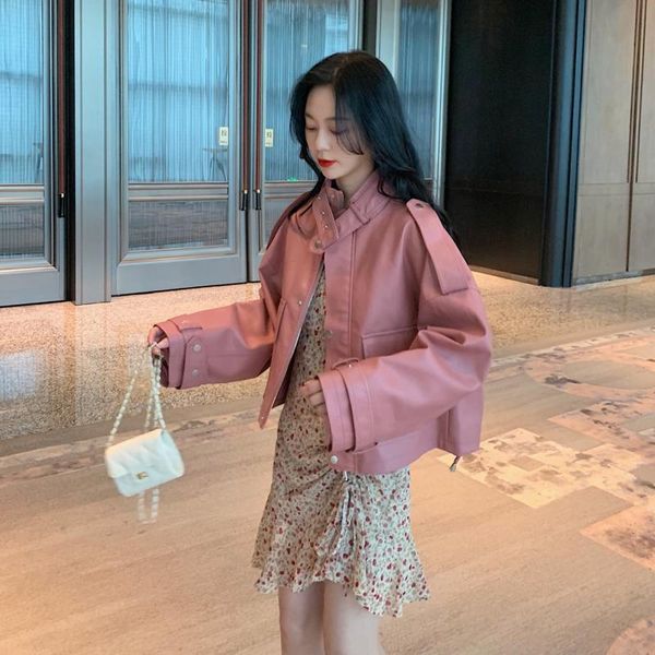 

men's fur & faux loose oversize pink black short pu leather cool jacket women fashionable bomber moto coat outerwear coats streetwear f
