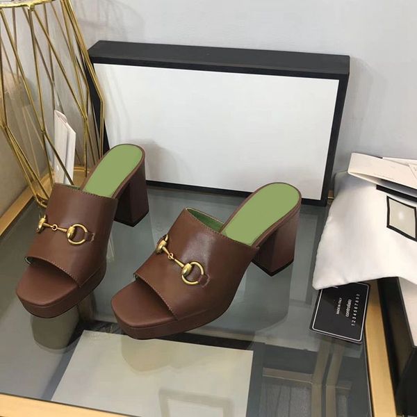 

genuine leather lady slippers designer peep toe 8.5cm chunky heels slide sandals with metal buckle size 35-42, Black
