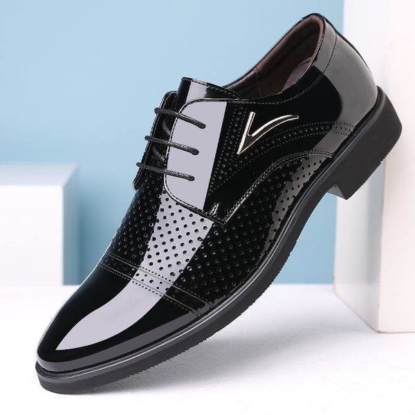 

men leather dress shoes summer sandals hollow out breathable formal elegant classic business fashion flat brogue footwear party, Black