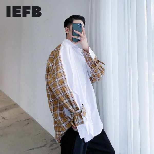 

iefb /men's wear early spring plaid print color block patchwork spring shirts for male design loose long-sleeved 9y3895 210524, White;black