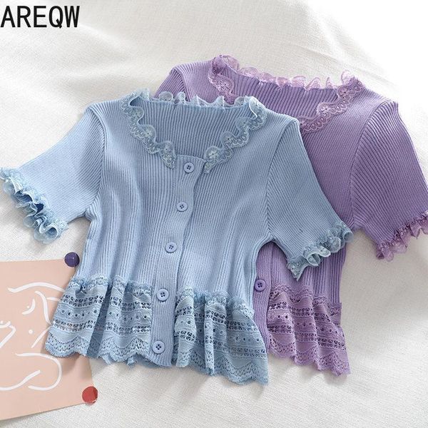 

summer lace stitching knitting short-sleeved niche age reduction romantic girl half-sleeved thin women's t-shirt, White