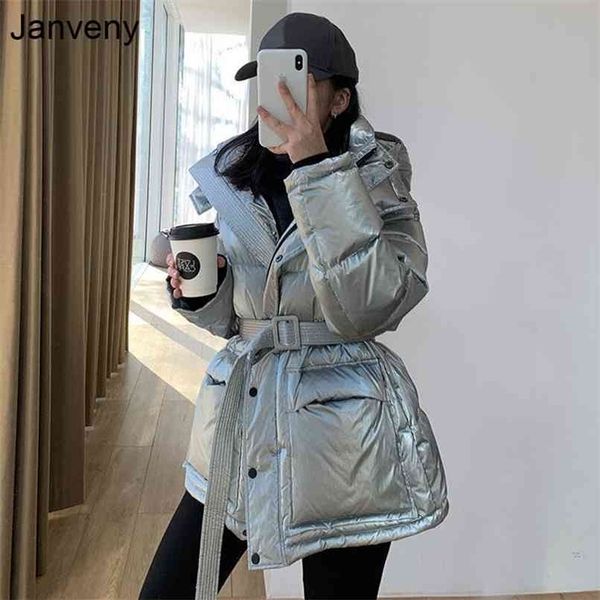 

janveny glossy shiny down jacket women winter 90% white duck coat female puffer parkas hooded waterproof snow outwear 210922, Black