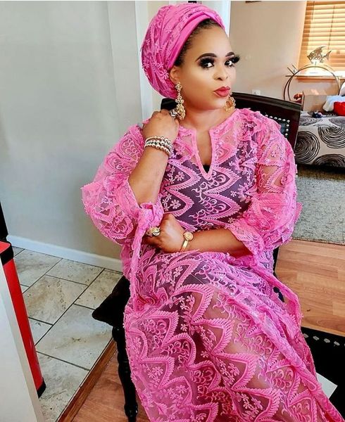 

muslim style loose wave lace dress with headscarf african clohing for women hollow out plus size dashiki bazin ropa vestidos, Red