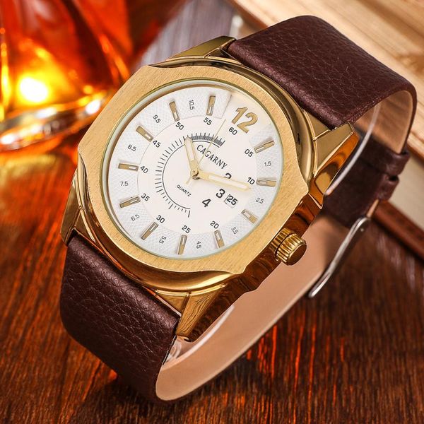 

wristwatches designer gold watch men leather strap casual men's quartz watches man waterproof date military relogio masculino cagarny x, Slivery;brown