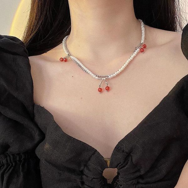 

pendant necklaces red cherry fruit pearl bead string necklace women adjustable double layer lady choker party fashion jewelry, Silver