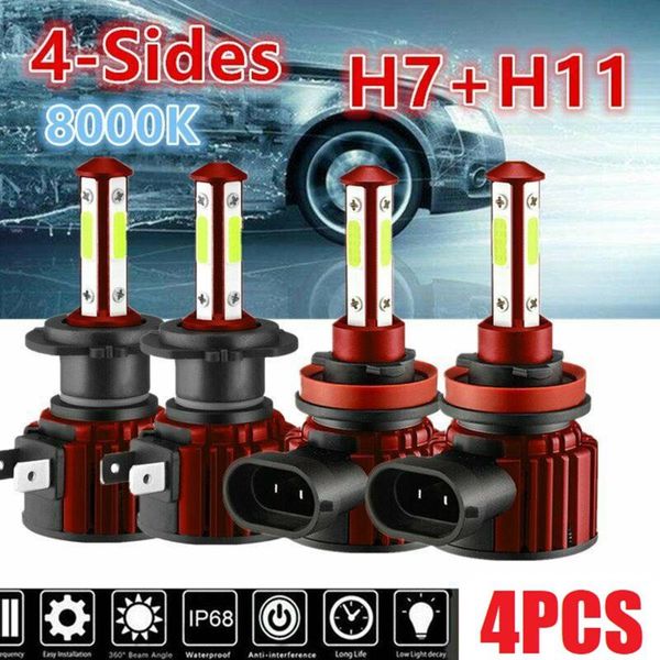 

car headlights 4x combo h7+h11 led headlight conversion kit high low beam bulbs 8000k 4-sides