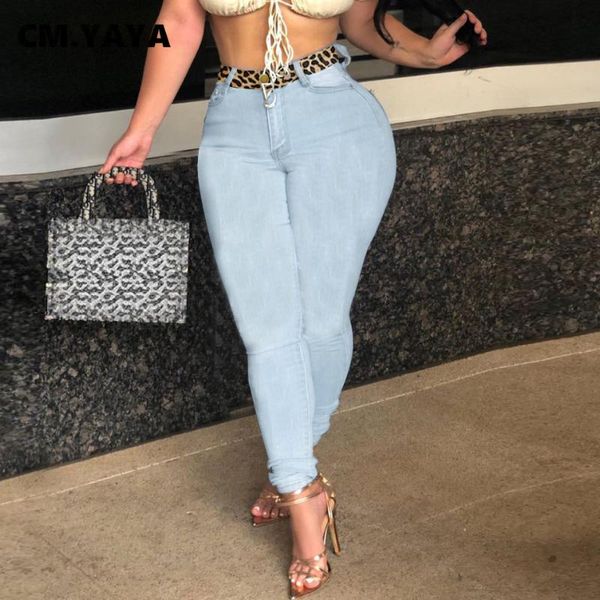 

women's jeans cm.yaya women leopard spliced stretchy pencil denim trousers mid waist zip pockets bodycon bottoms autumn pants 2021, Blue