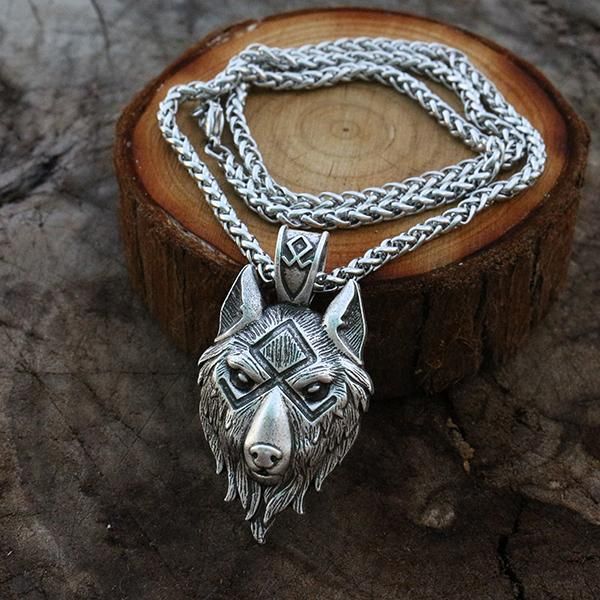 

pendant necklaces viking wolf head norse symbol men necklace jewelry, Silver