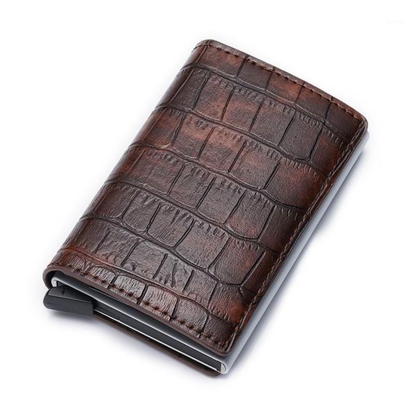 

card holders rfid 2021 alligator holder men multifunction automatic aluminium alloy leather cards case mini wallet slim purse1, Brown;gray