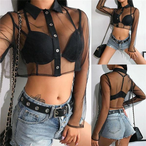 

women's blouses & shirts womens mesh sheer see-through lady long sleeve crop fishnet stretch bare belly clubwear, White