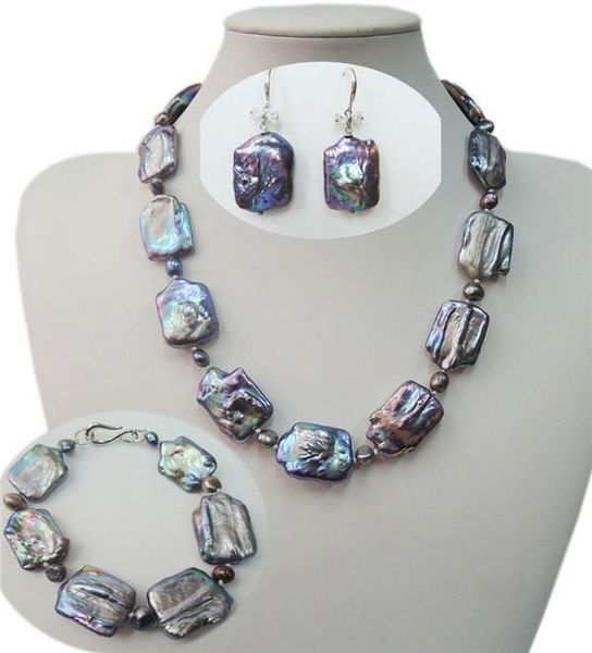 

earrings & necklace habitoo fine 17-21mm natural freshwater black square baroque pearl bracelet jewelry for women fashion sets, Silver