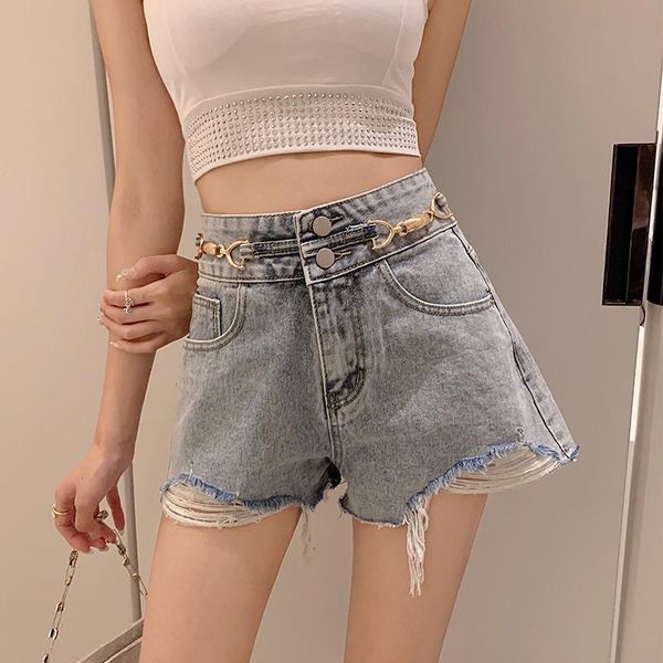 

women's jeans summer 2021 high waist frayed wild easy match wide leg shorts, Blue