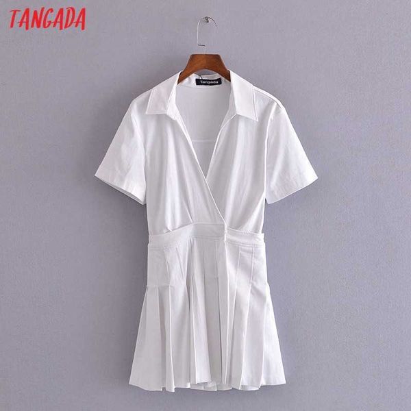 

tangada summer women french style white pleated shirt dress short sleeve ladies mini dress vestidos 3h245 210609, Black;gray