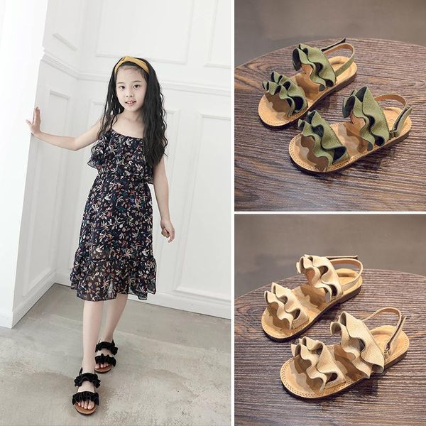 

summer children's lotus leaf beach shoes casual simple suede open toe little girls sandals kids toddler baby flats, Black;red