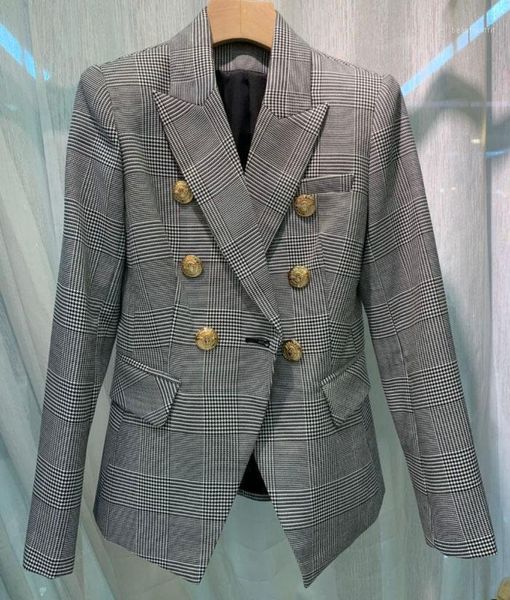 

[elfstyle] - black white houndstooth check blazer double breasted gold button 3a class blazers woman women's suits &, White;black