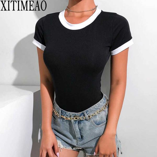 

xitimeao black and white color matching o neck t-shirt shirt female summer close-fitting short-sleeved 210604