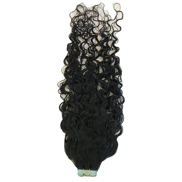 

human hair bulks long wavy tape in extensions brazilian remy skin weft 40 pieces natural color for women, Black