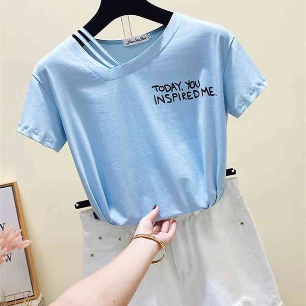 

summer fashion women casual all-match special design v neck letter short sleeves t-shirt female pullover tee a223 210519, White