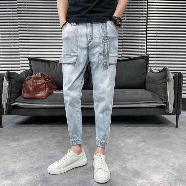 

jeans korean summer brem of fashion 2021 fine fitting denim for men ankle length streetwear hip hop pants brim clothes 34-28 4ylv, Blue