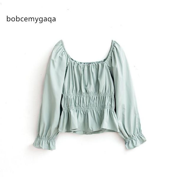 

ruffled vintage square collar blouse shirt lantern sleeve green streetwear casual long women short blouses women's & shirts, White