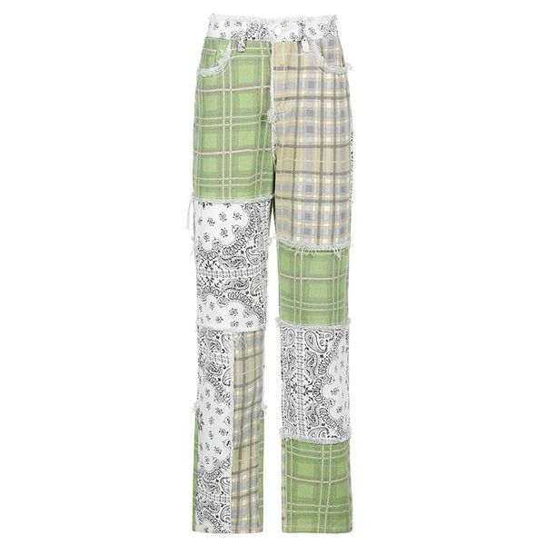 

women's pants & capris spring european and american personality street fashion plaid print stitching contrast color edge straight trous, Black;white