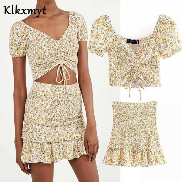 Klkxmyt indie folk vintage floral cascata sexy short blusa mulheres blusas babados mini saia faldas dois pedaços conjuntos 210527